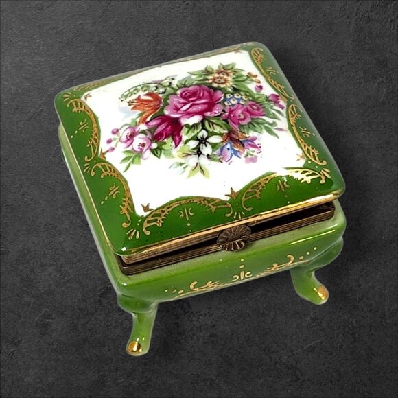 Vintage Norleans Japan Footed Porcelain Trinket Box Green Floral Gilt Vanity - Picture 2 of 11
